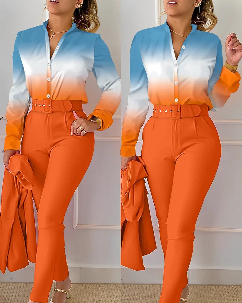 Elegant printed shirt and pants two-piece set for womens spring and autumn fashion long sleeved shirt high waisted pants casual set 241230