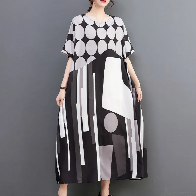 Wxw0122 Printed A-line Dress Womens O-neck Long T-shirt Dress Short Sleeve Casual Retro Midi Dress Womens Retro Womens Dress 250103