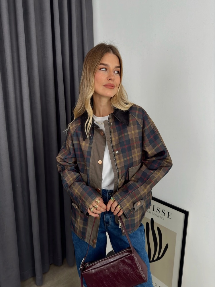 Vintage Plaid Patchwork Women Jacket Lapel Full Sleeves Covered Button Zippers Female Coat 2024 Autumn Fashion Street Outwear