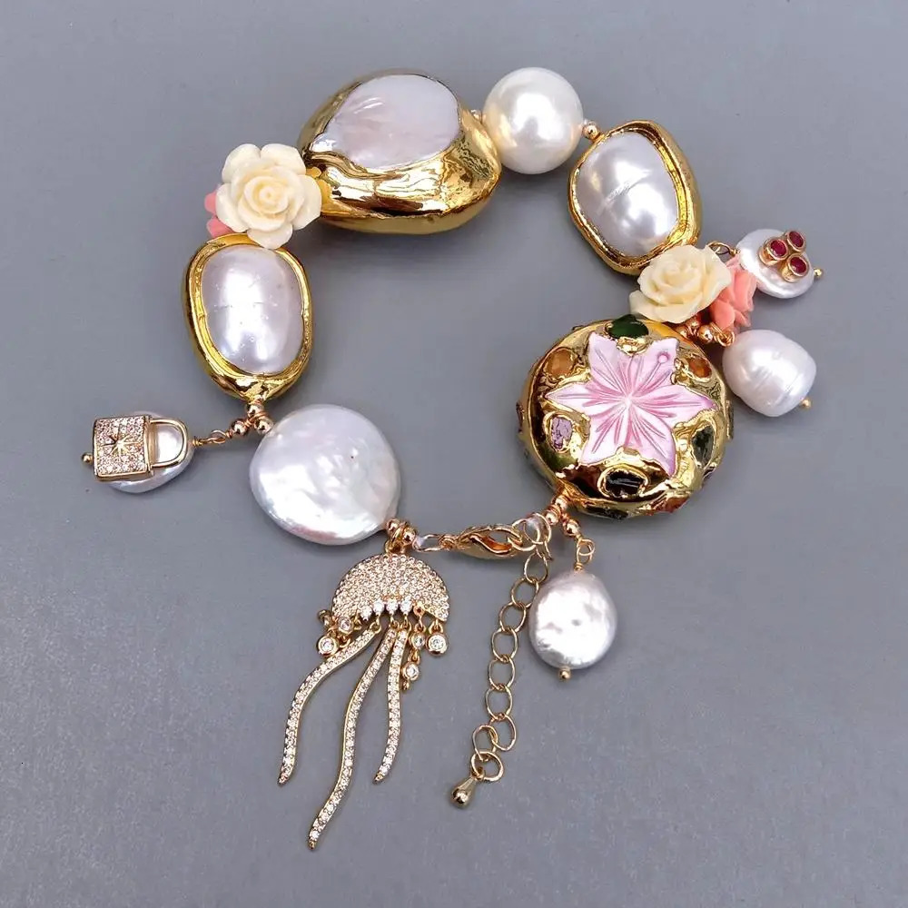 YYGEM Shell Pearl Flower Culture White Pearl Charm Bracelet Handmade Fashion Jewelry 250102