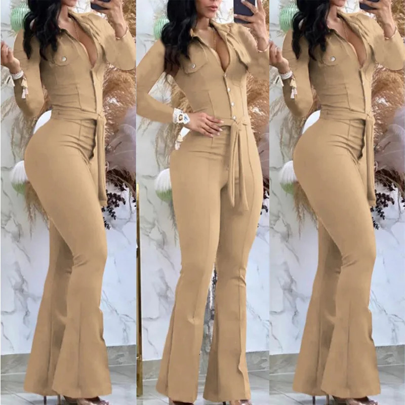 Autumn Elegant Jumpsuit For Women Button Long Sleeve Solid Belt Skinny Turn-Down Collar Long Sleeve Skinny Bootcut Jumpsuit 241230