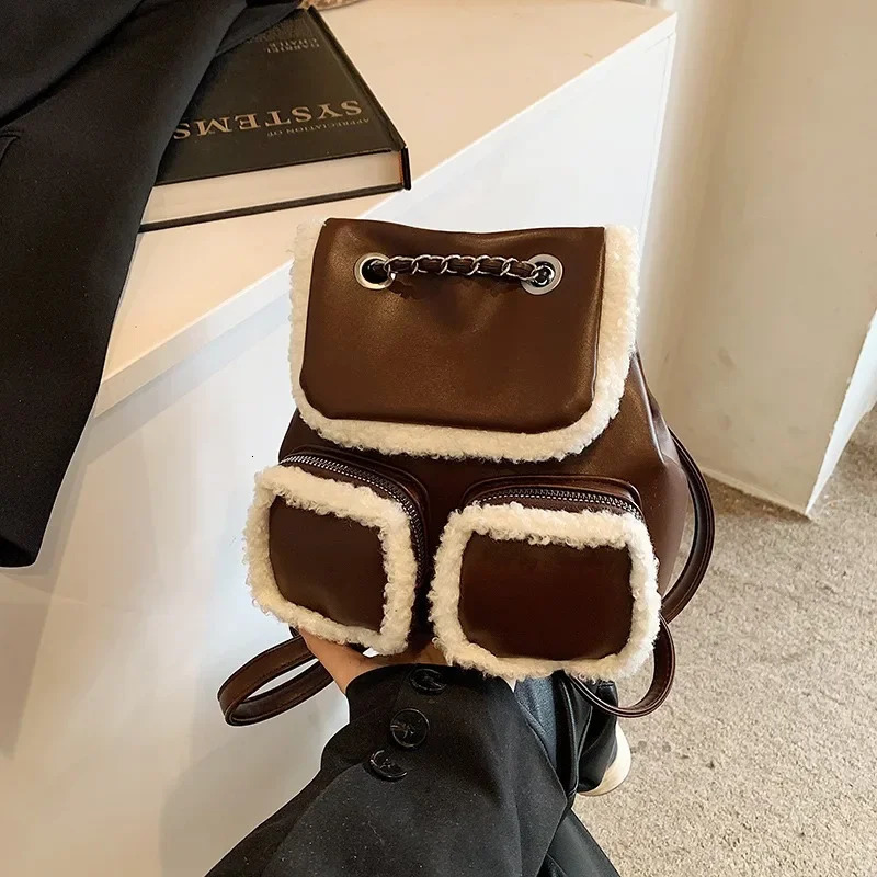Solid Color Quality PU Plush Trimmed Fashion Backpack with Chain Flip Hand Bag Bags for Women Bolsas Femininas 250102