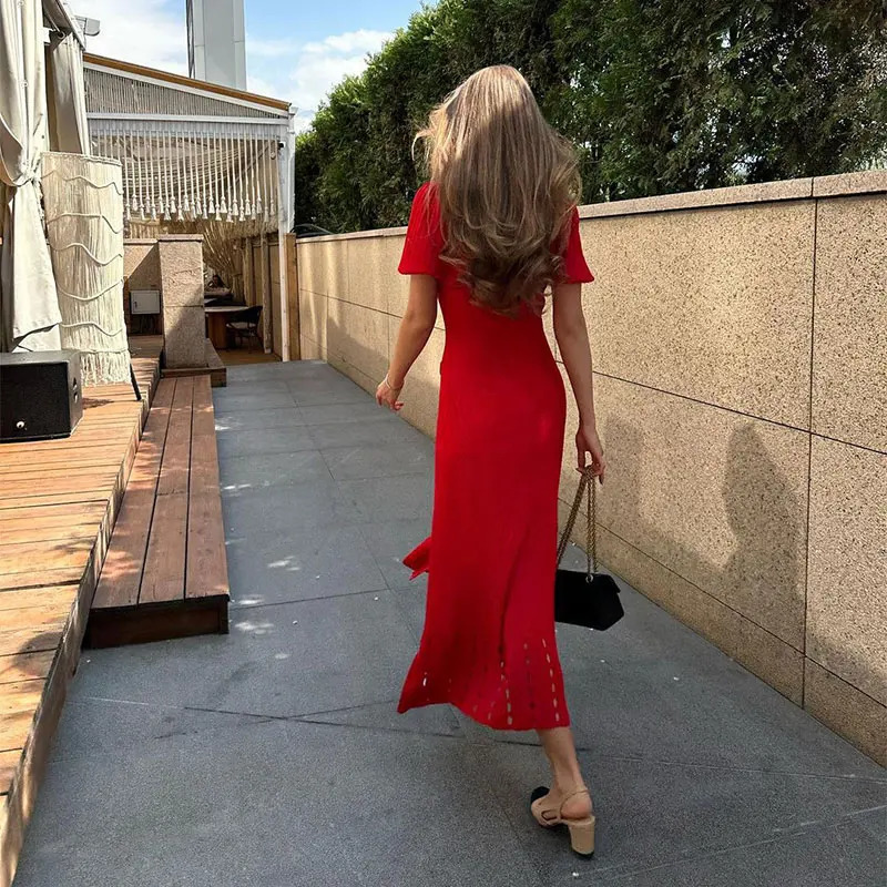 Contrast Single Breasted Knitted Dress For Women Elegant Lapel Short Sleeve Hollow Out Chic Dresses Female Red Black Vestidos 250102