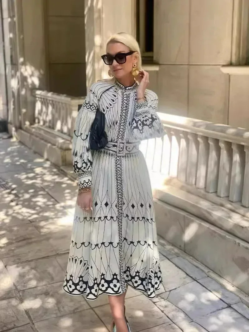Retro Elegant Stand up Collar Long Dress for Women Spring Pattern Printed Party Dress with Buckle Autumn Long Sleeve A-Line Bohemian Dress 250103