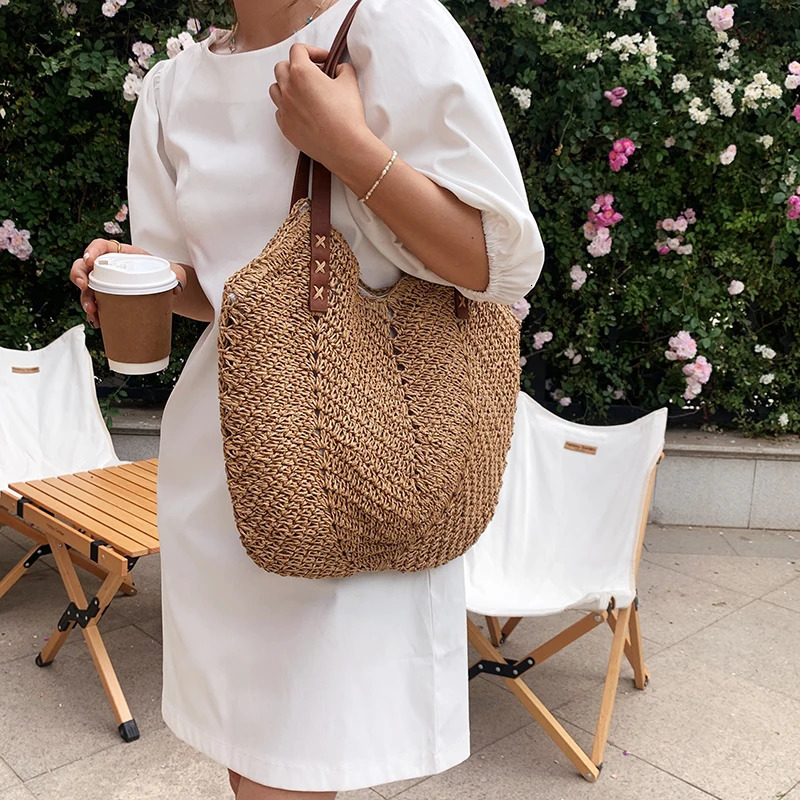Summer Straw Woven Shoulder Bag Rattan Beach Large Capacity Tote Bags Handmade Vacation Travel Handle Bag Shopping Handbag Bolsa 250102