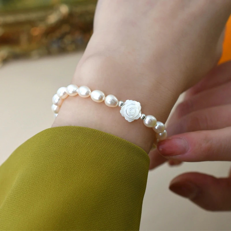 ASHIQI Natural Freshwater Pearl Shell Flower Bracelet 925 Sterling Silver for Women Fashion Jewellery 250102