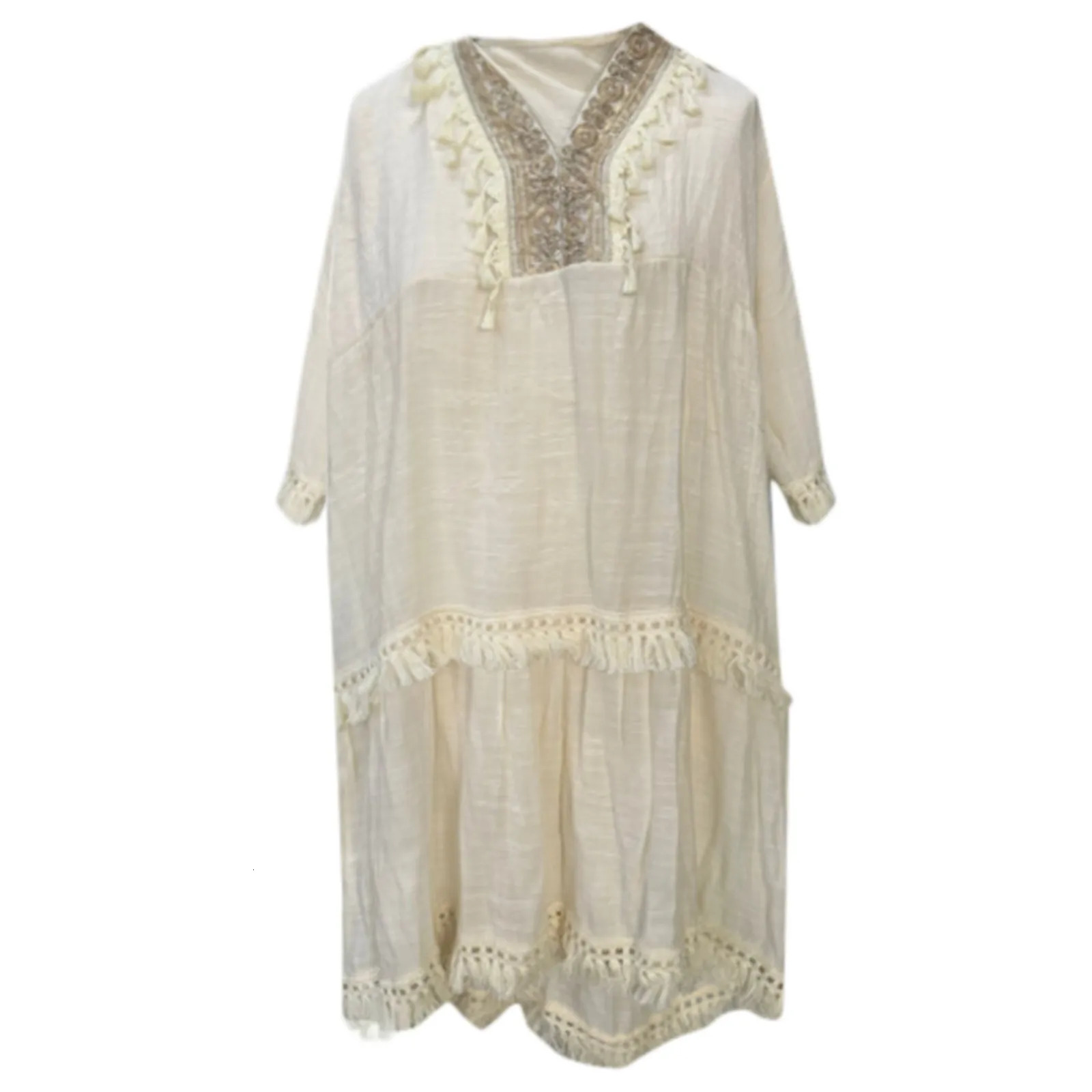 Womens summer dress embroidered V-neck casual dress hollow Tassel Bohemian dress womens beach cover half sleeved sun skirt 250103