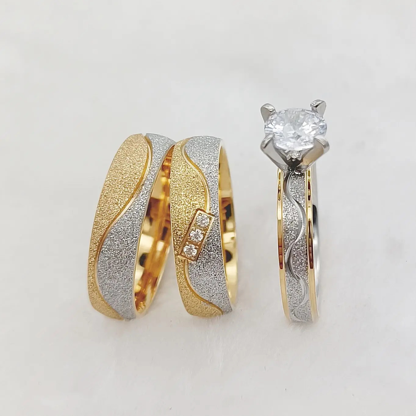 Bicolor Frosted Western 3pcs Alliances Wedding Engagement Bridal Rings Sets For Men And Women Couples Stainless Steel Jewelry 250103