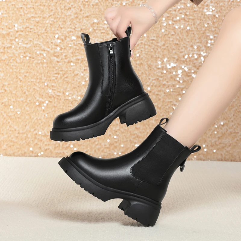 AIYUQI Snow Boots Women Genuine Leather Women Ankle Boots British Style Natural Wool Winter Warm Women Chelsea Boots