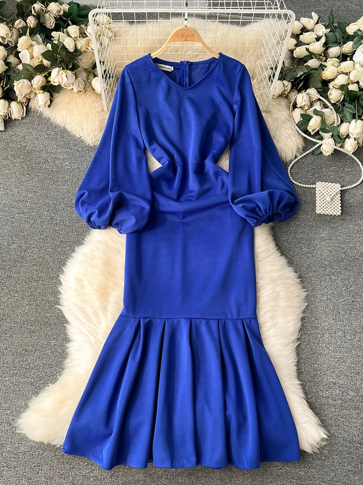 XFPV Women V-neck Solid Color Dress Puff Long Sleeve High Waist Casual Fashion Elegant Vestidos Autumn Winter 2025 SM9462 250103