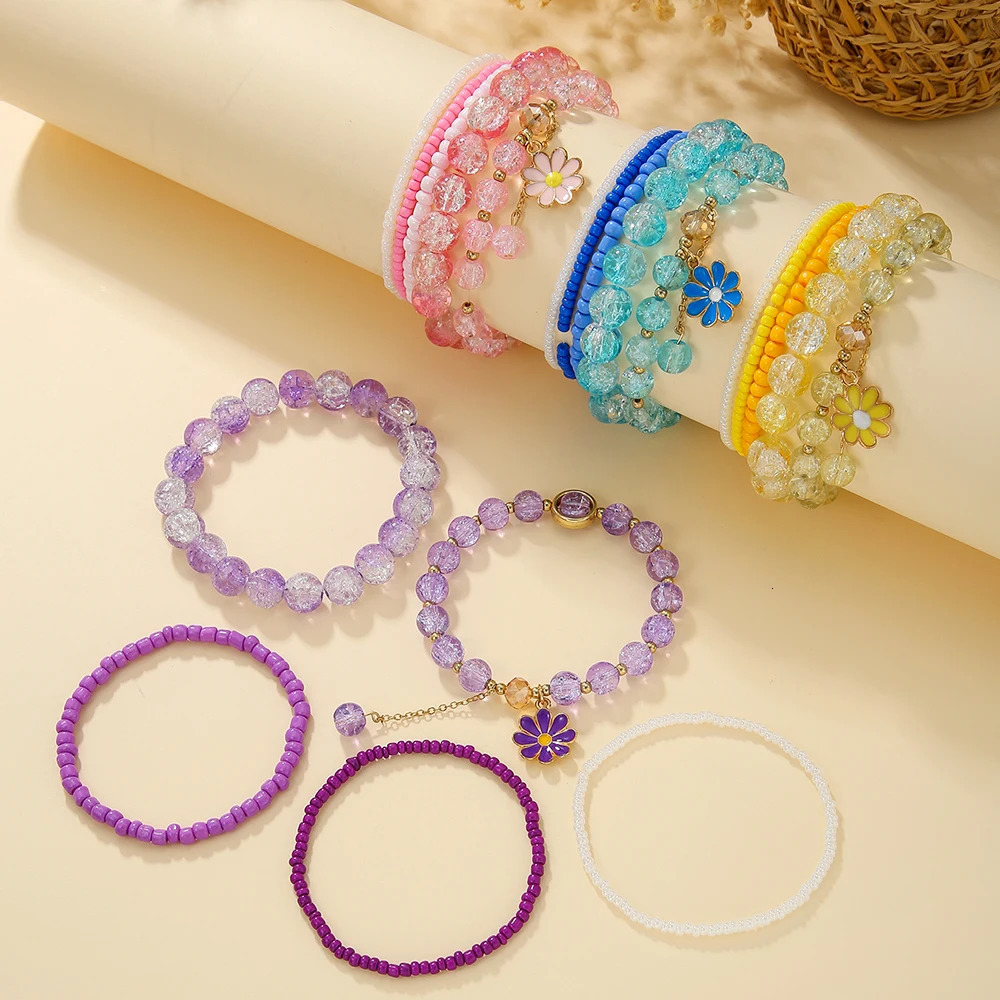 5Pc/s Simple and Sweet Girly Feeling Boudoir Hand Decorated Rice Beads Crystal Small Daisy Fringe Elastic Bracelet Jewelry Set 250102