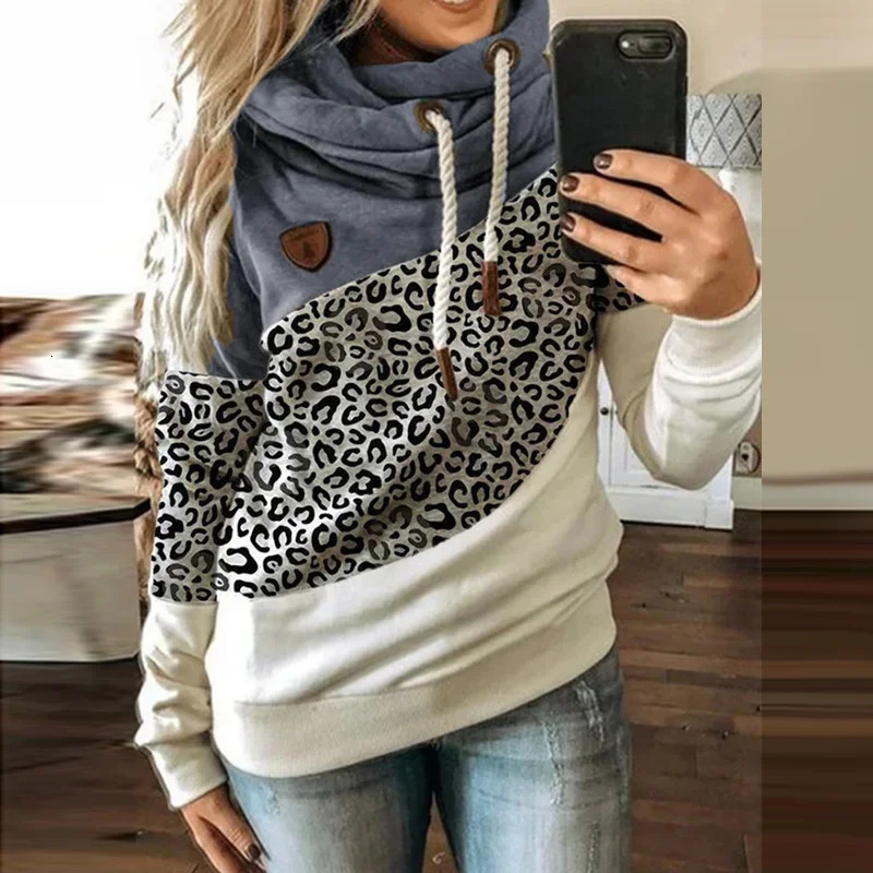 Customizable UZZDSS Women Patchwork Hooded Sweatshirt Leopard Print Drawstring Hoodie Casual Long Sleeve Pullover Tops 250103