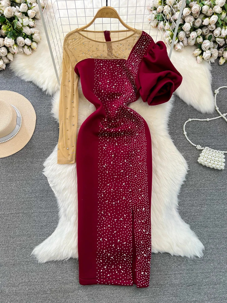 XFPV Womens Mesh Patch High Waist Elegant Tank Top Contrast O-Neck Puff Sleeve Dress Autumn/Winter 2025 SM9622 250103