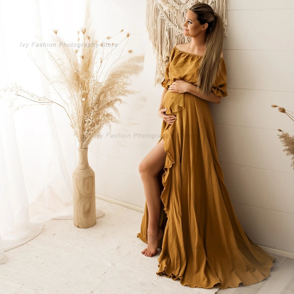 Bohemian Po Shooting Pregnancy Dress Ruffle Edge Off Shoulder Short Sleeve Linen Cotton Dress Boho Style Baby Shower Dress 250103