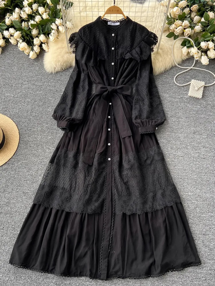 XFPV Retro Lace Embroidery Long Dress Vestidos Women Lantern Sleeve O-neck Single Breasted 2025 Summer Clothing SM11283 250103