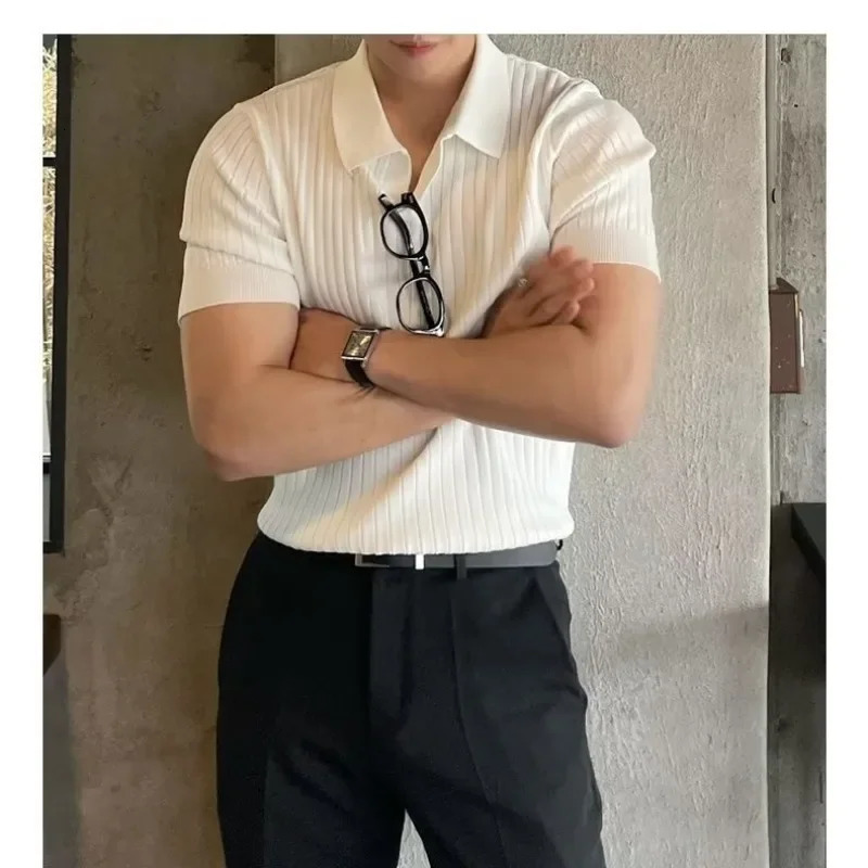 2024 Summer Mens Ice Silk Lapel Polo Short Sleeve Thin Fashionable V-neck Striped Knit Base Layer Top Mens Shirt 241224