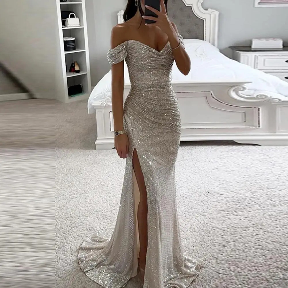 Elegant Gown Dress VNeck Off Shoulder Maxi Sequin Pleated Waist Tight Evening Party Sexy Split Long Dreses 250103