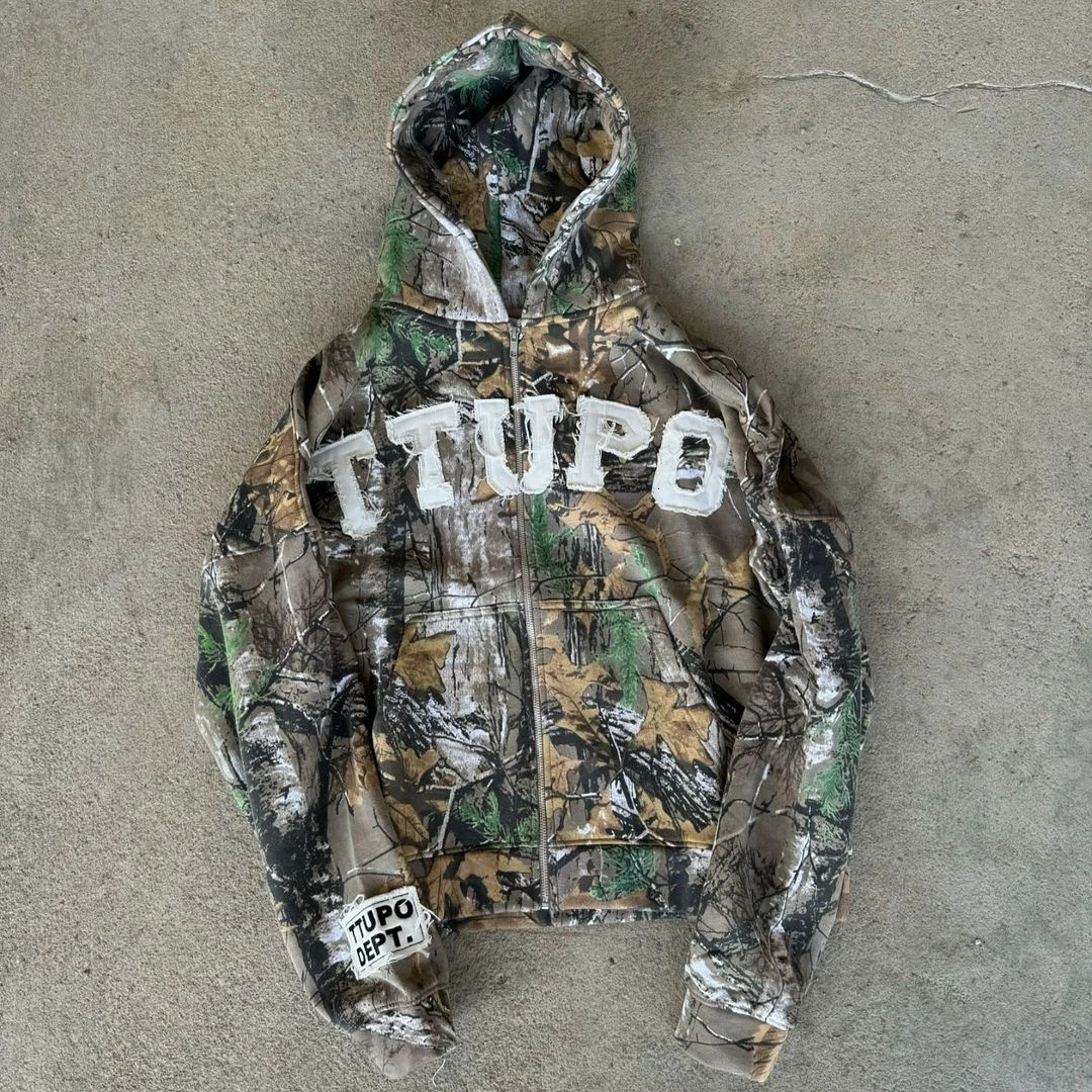 American Leaf Camouflage Pattern Embroidered Letter Zipper Hoodie Mens Loose Trend Hip-hop Gothic Street Y2K Clothing 250103