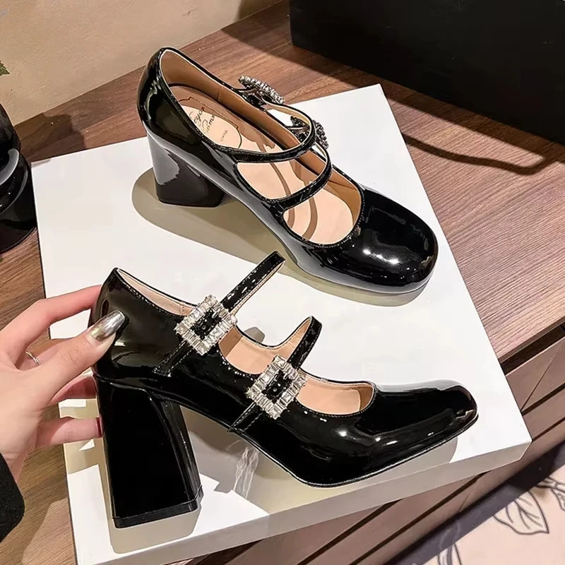 8Cm High Heel Women Mary Jane Fashion Crystal Buckle 2025 Spring Autumn Nightclub Party Pumps Shoes