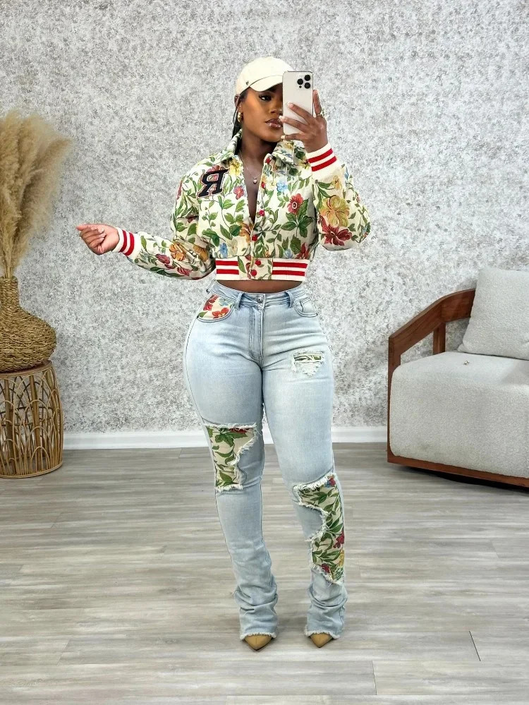 Leosoxs Flower Print Coat Crop Tops Women Autumn Lapel Long Sleeve Button Baseball Jacket Winter Warm Outerwear Streetwear y2k 250103
