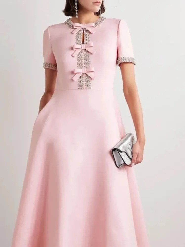DEAT Elegant Dress O-neck Diamond Edge Bow A-line Short sleeved Womens Evening Dress 2025 Spring Style 35Z1457 250103
