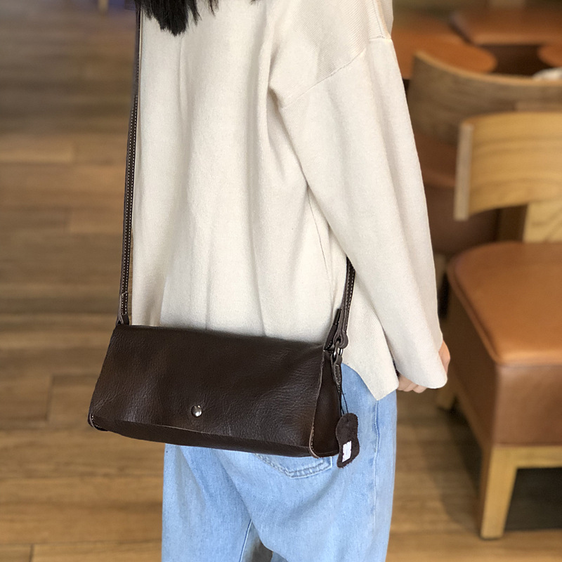 2025 new genuine leather crossbody Korean version Sen series square toe layer cowhide women's simple shoulder small bag