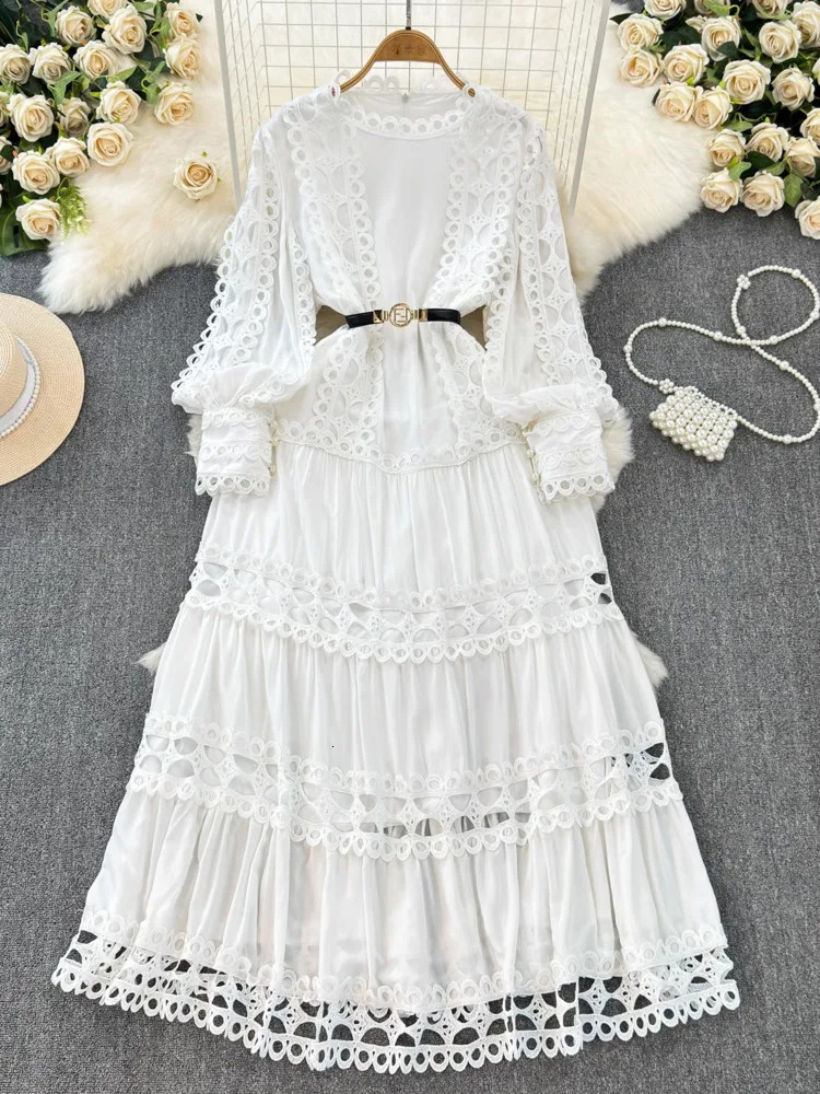 XFPV Fashion A-line Long Dress Vestidos Women Hollow Out Lantern Sleeve O-neck Solid Color 2025 Summer Clothing SM11285 250103