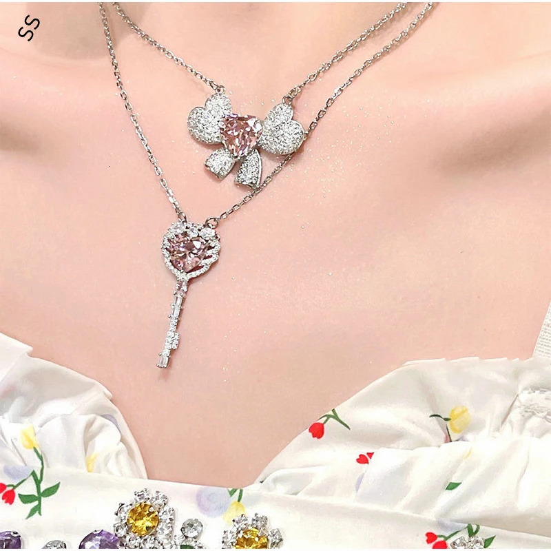 Romantic Shiny Pink Gems Zircon Jewelry Accessories Sweet Girl Necessary Sets Daily Wear Necklace Earring Open Ring for Date 250102