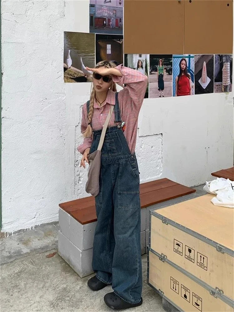 Womens Vintage Blue Overalls Fashion Wide Leg Suspender Jumpsuits Pants Female Streetwear Rompers Straight Denim Trouser 241230