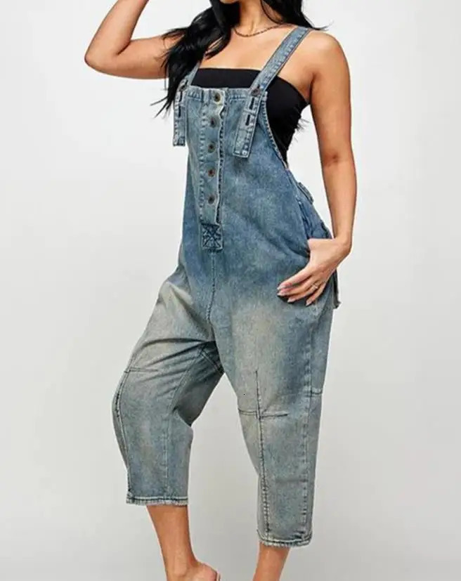 Denim Jumpsuit Womens Overall Fashion Split Loose Wide Leg Pocket Button Slim Blue Suspenders Vintage Womens jumpsuit 241230