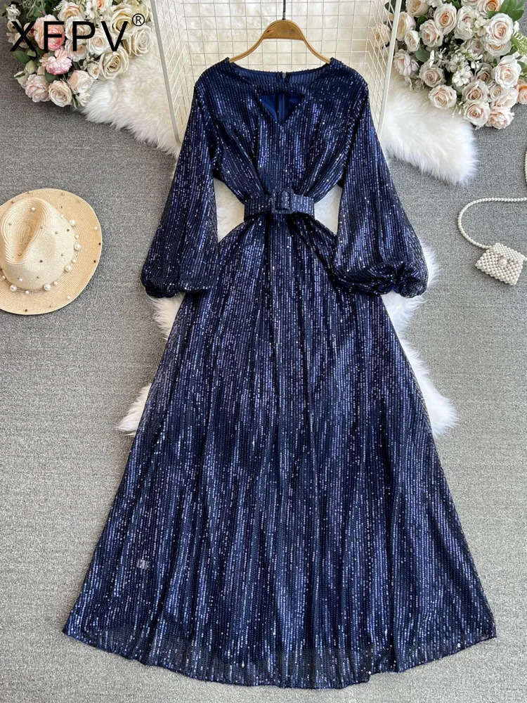 XFPV Women Light High Waist Sequins A-line Evening Dress O-Neck Lantern Sleeve Vestidos Spring Summer 2025 SM10185 250103