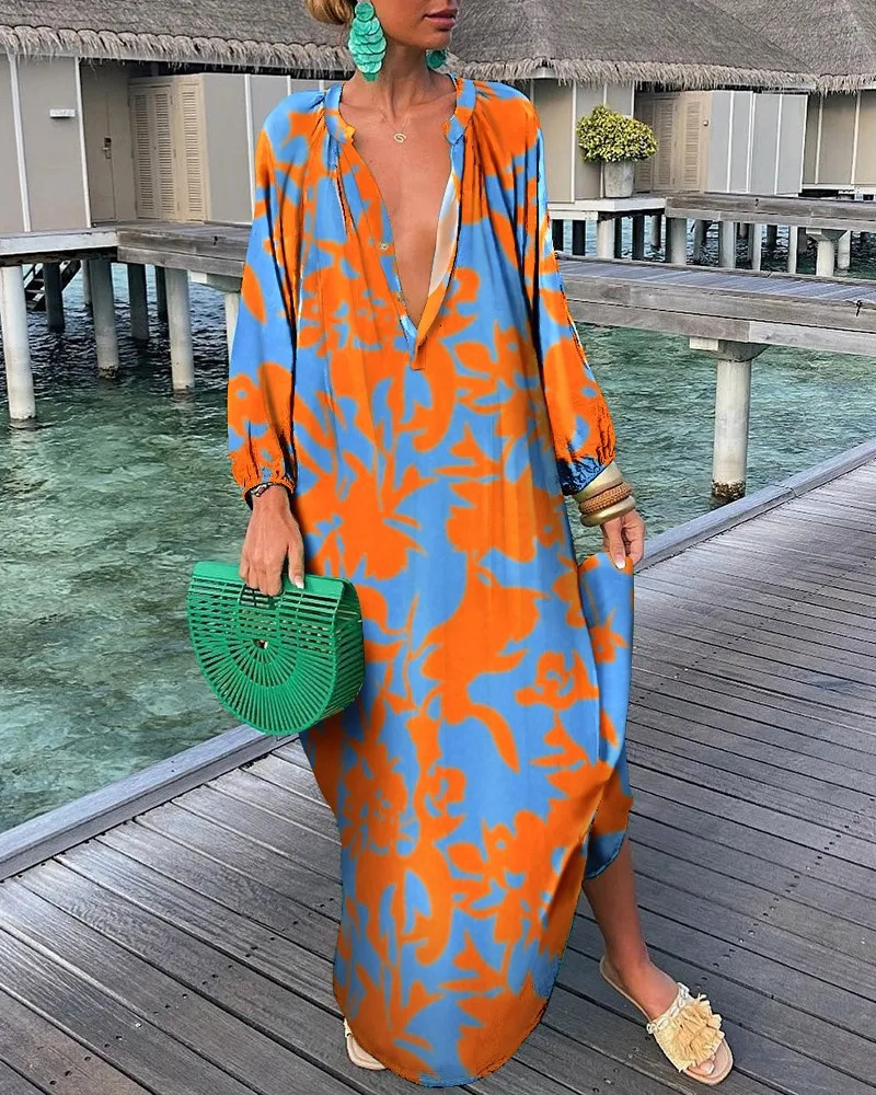 Elegant Womens Maxi Dress Summer Casual Fashion Retro Printed V-neck Loose Bohemian Long Beach Dress Womens Robe 250103