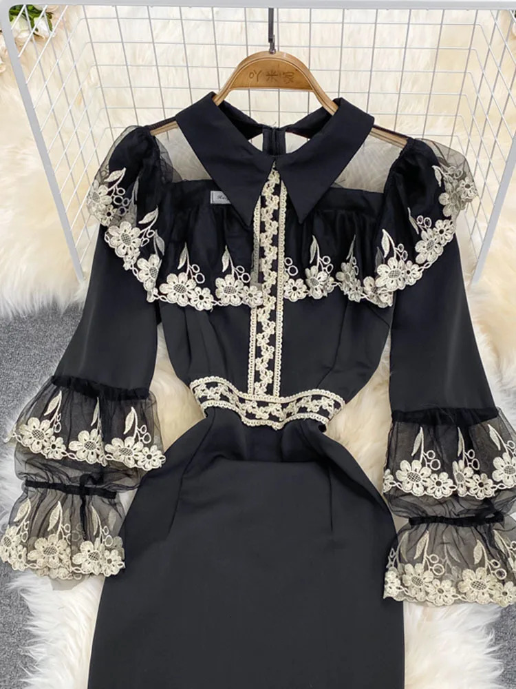 XFPV Elegant Fashionable Womens Contrast Embroidered Patchwork High Waist Fishtail Skirt 2025 Autumn Dress SN3863 250103