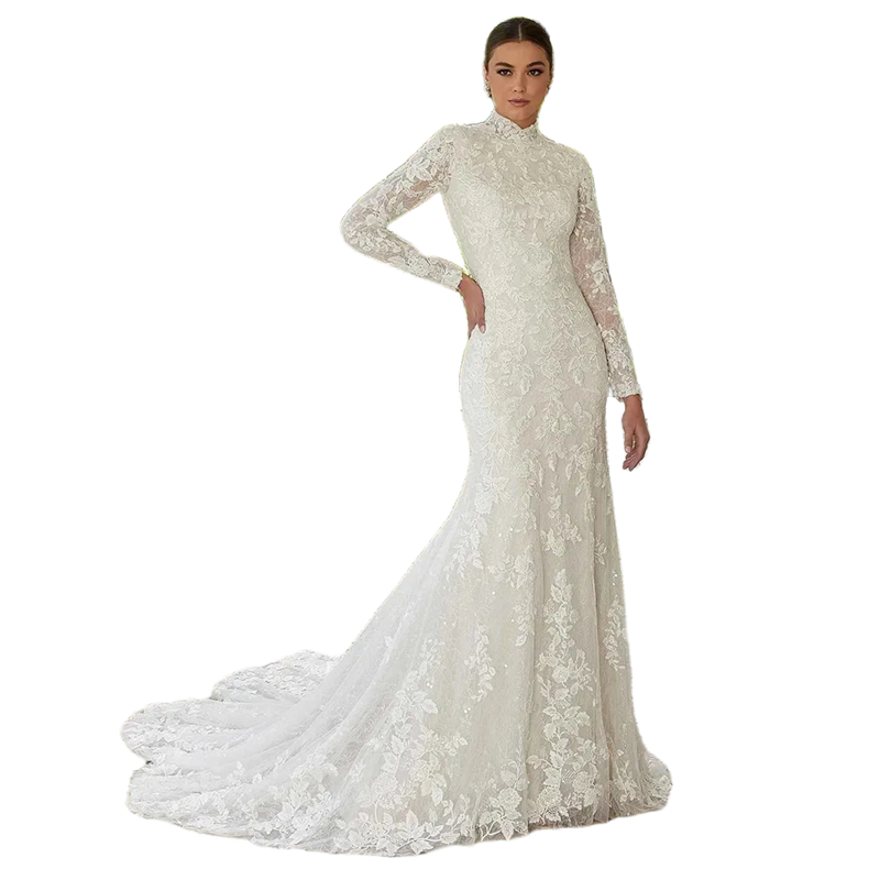 Long Sleeves Lace Mermaid Wedding Dress 2025 Modest High Neck Elegant Bridal Gowns Court Train 2025 Robe de Mariee