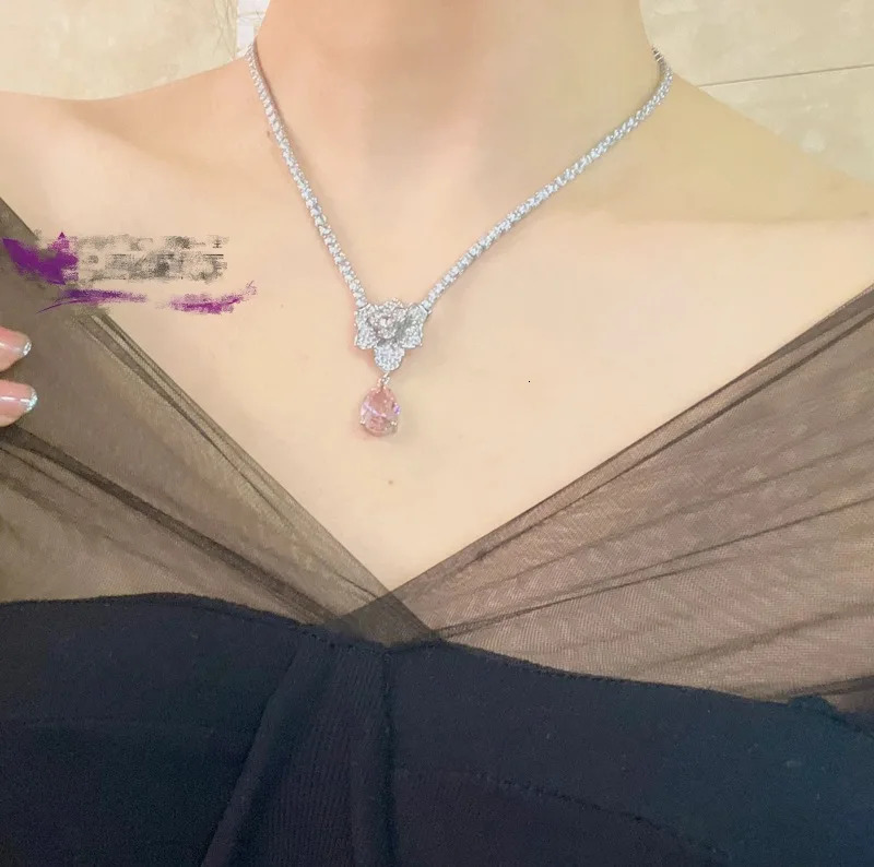 Temperament 925 Silver Color Water Drop Earrings Necklace for Women Exquisite Pink Zircon Flower Wedding Banquet Jewelry Sets 250102