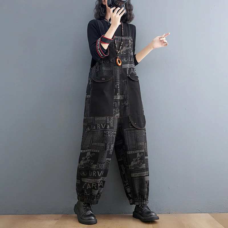 #1433 Denim Jumpsuit Women Rompers Loose Straight Harem Jeans Jumpsuits Femme Big Pockets Loose Printed Long Jumpsuits Vintage 241230