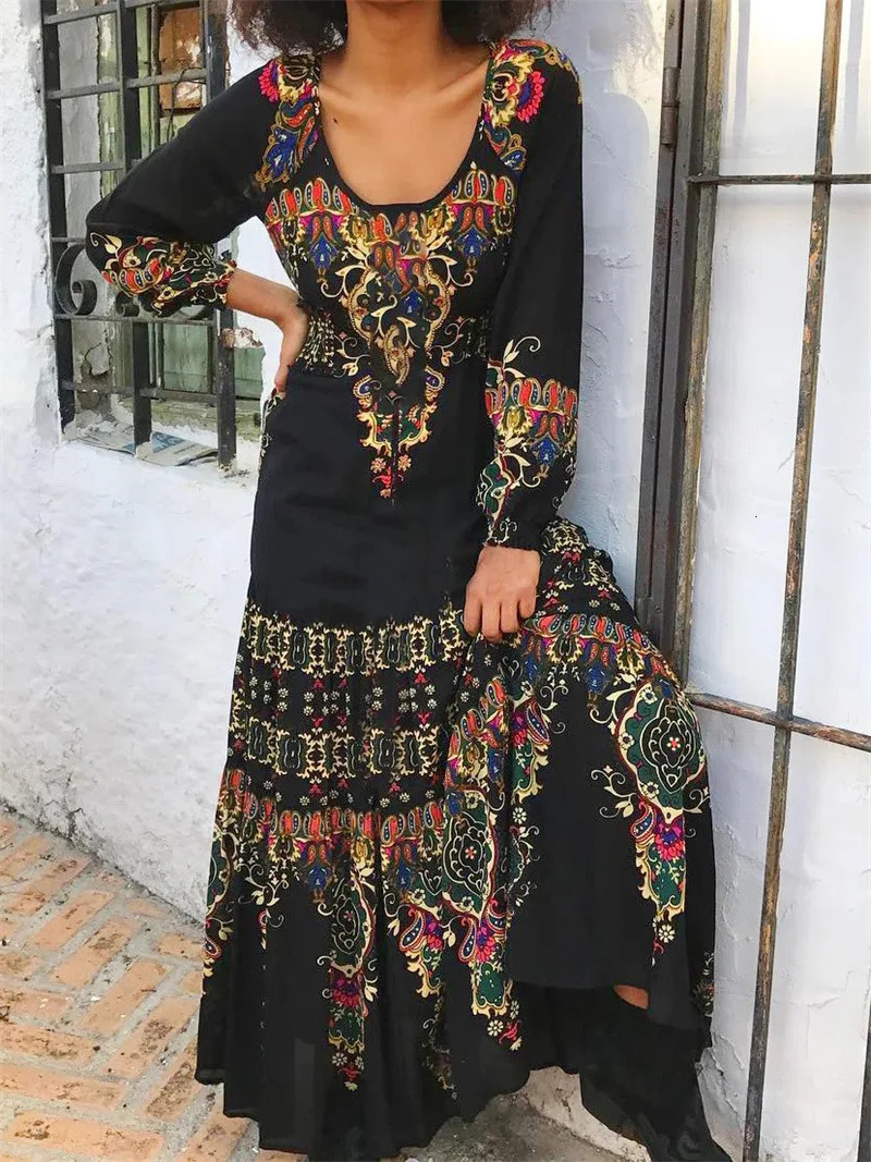 Thin Light Summer Bohemian Retro Printed O-neck Dress Elegant Party Dress er Vestdos Loose Midi Dress Street Clothing 250103