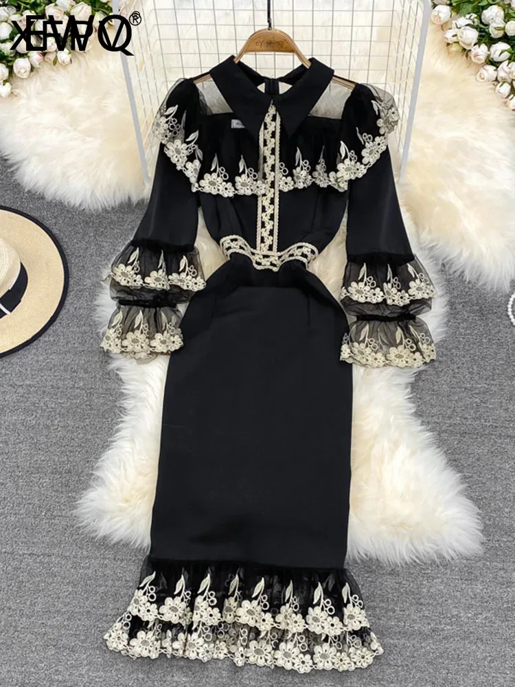 XFPV Elegant Fashionable Womens Contrast Embroidered Patchwork High Waist Fishtail Skirt 2025 Autumn Dress SN3863 250103