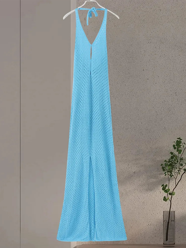 Party Knitted V-neck Hollow Out Long Dress Women Solid Sleeveless Backless Split Bodycon Womrn Dresses 2024 Summer Lady Robe 250102