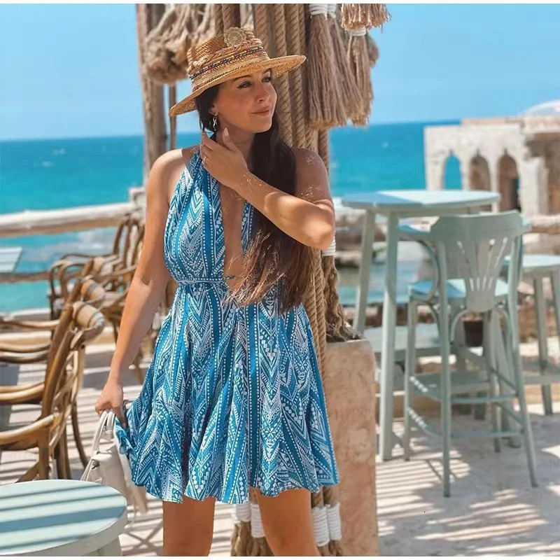 Bohemian womens dress with bandage and sexy shoulder off print womens mini dress for summer beach vacation deep V-neck sleeveless womens dress 250103