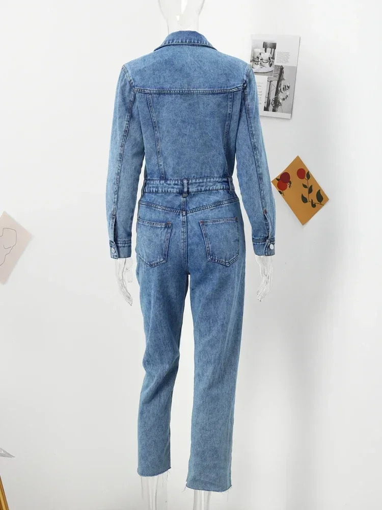 Spring Denim Women Jumpsuit Straight Vintage Patch Pockets Long Sleeve Long Jumpsuits Female Elegant Fashion Chic Outfits 241230