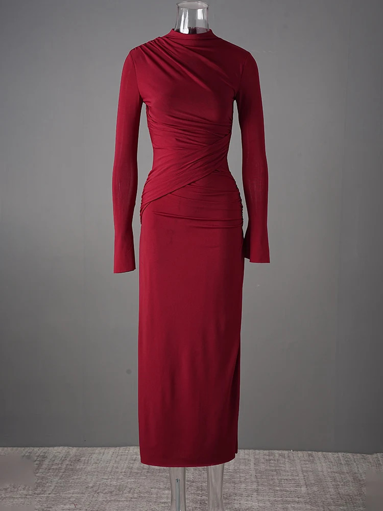 DEAT Elegant Dress Half Collar Folded Long Sleeve Solid Color Ultra Thin Womens Evening Dress 2025 Spring Style 35Z1413 250103