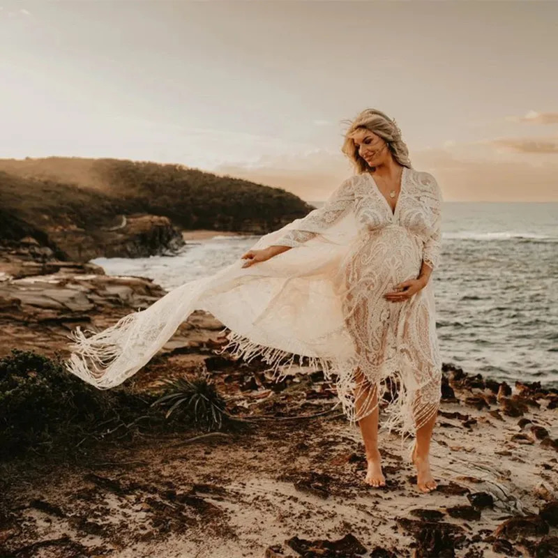 Boho Lace Maternity Pography Props Dresses Free Size Adjustable Pregnancy Po Shoot Bohemian Long Dress Sides Slit 250103