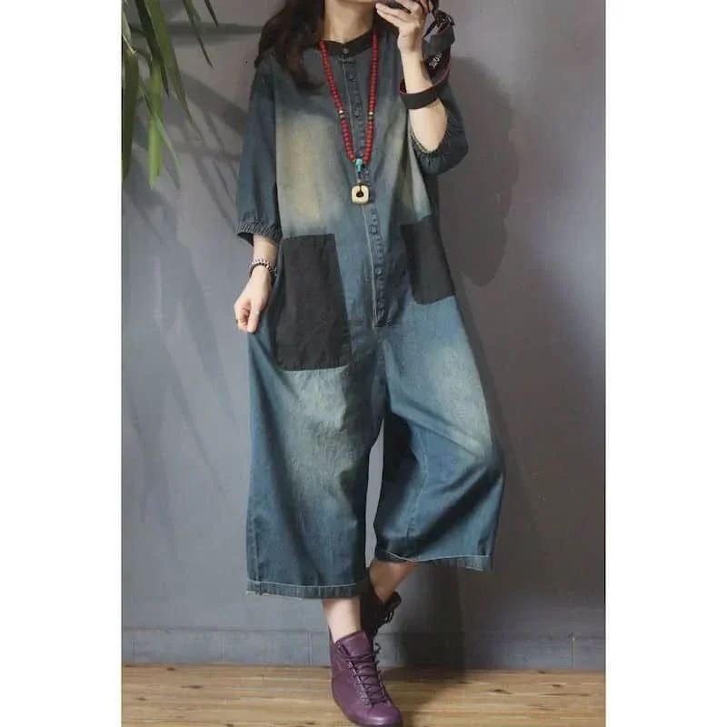 Denim Wide Leg Jumpsuit Women Vintage Large Size Oversize Patch Pocket Jumpsuit Trend LOOSE One Piece Outfit Women Patchwork 241230