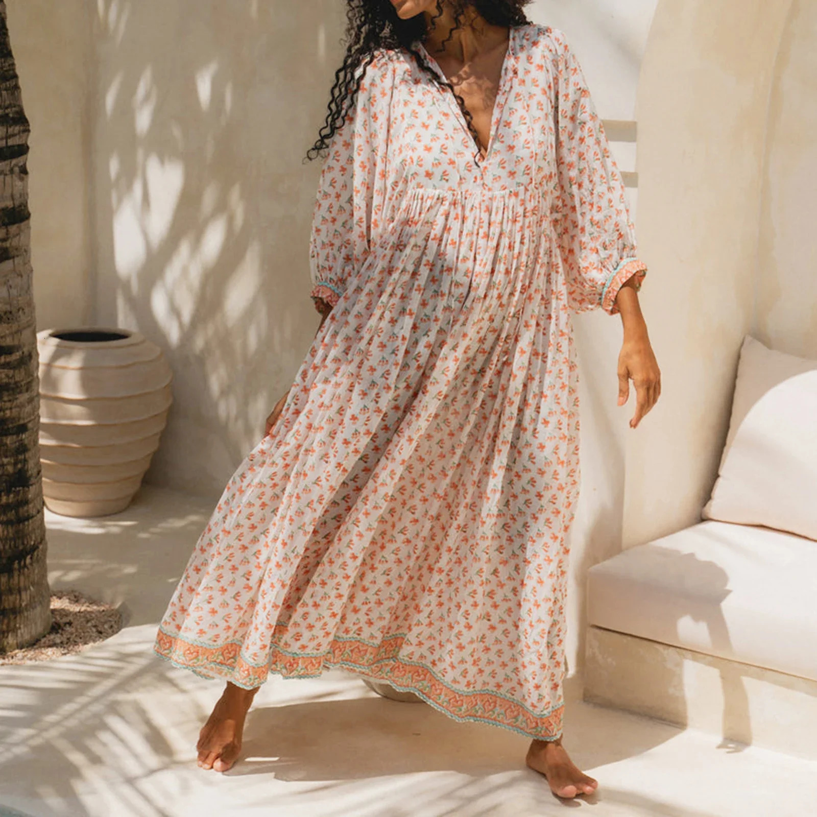 Womens floral Maxi dress Y2k Bohemian print 3/4 lantern sleeves V-neck dress Holiday beach loose swing sun dress Party club uniform 250103