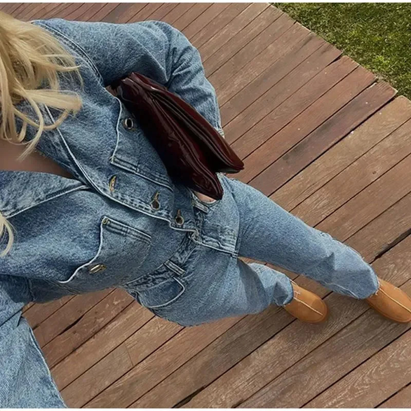 Spring Denim Women Jumpsuit Straight Vintage Patch Pockets Long Sleeve Long Jumpsuits Female Elegant Fashion Chic Outfits 241230