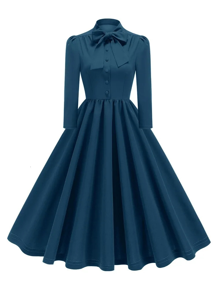 2025 Retro Bow Front Elegant Folded Womens Dress 1950s and 1960s 3/4 Long Sleeve Autumn Clothing Retro Swinging Dress 250103