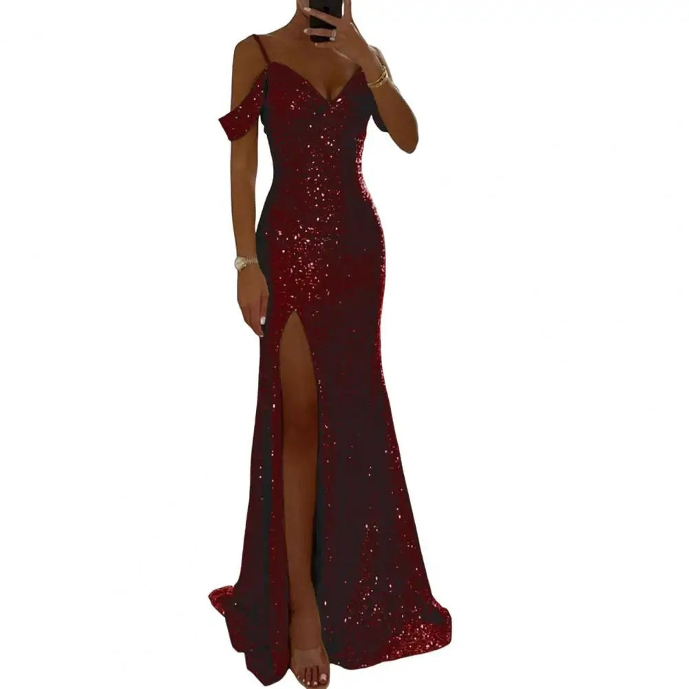 Women Sequin Suspender Dress Long Elegant Ball Gown for Prom Wedding Parties Off Shoulder V Neck Maxi Banquets 250103