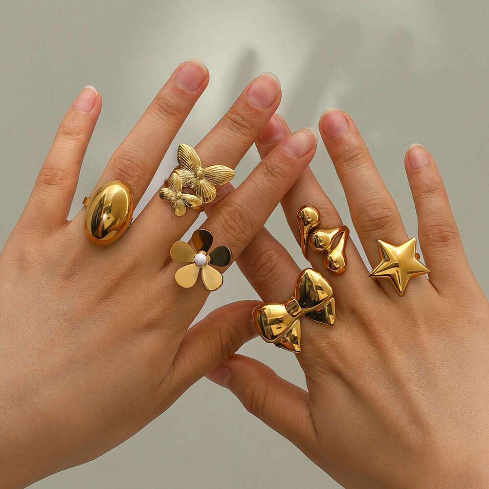 Wanxing INS Wind Combination Open Ring Gold Stainless Steel Five Petal Butterfly Knot and Earrings