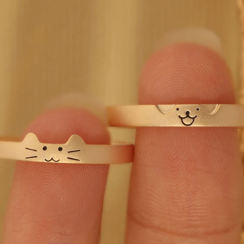 Handcrafted puppy kitten Cute Cat Dog S925 Sterling Silver Mens Womens Couple Rings Engraved Wedding Engagement Gift 250103